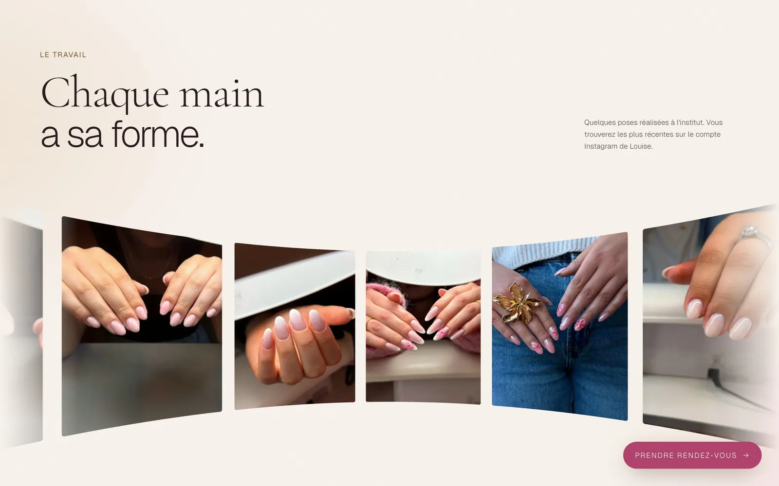 Galerie de poses d'ongles présentée en arc de cercle sur le site de Louvéa