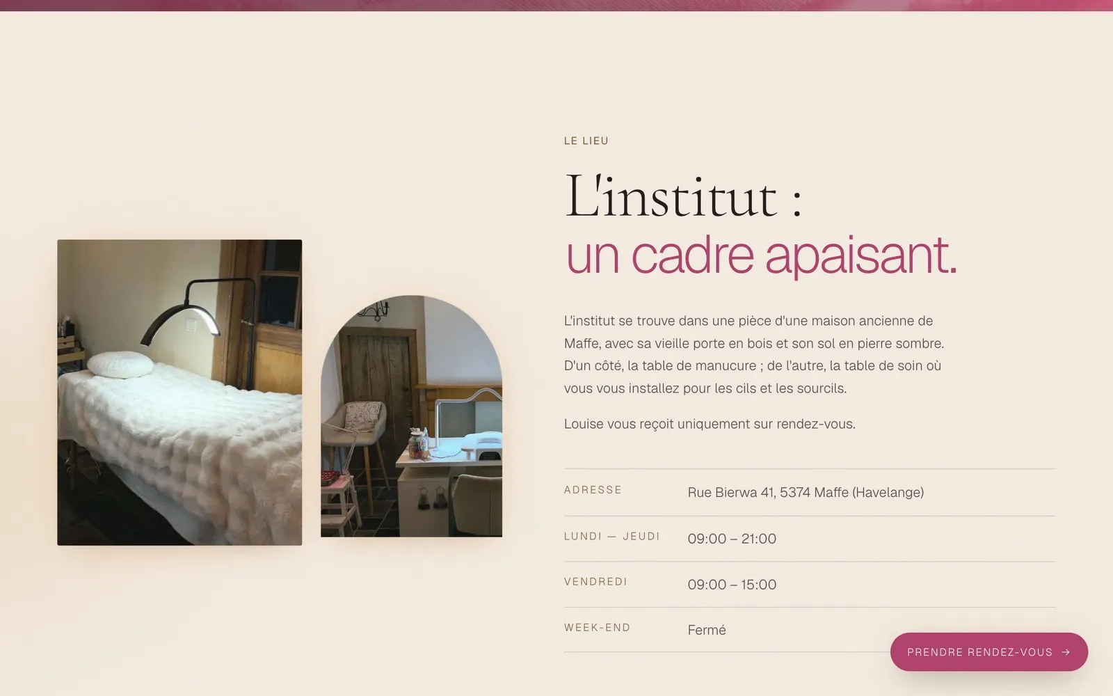 Section « L'institut » avec les photos de la salle de soin, l'adresse et les horaires