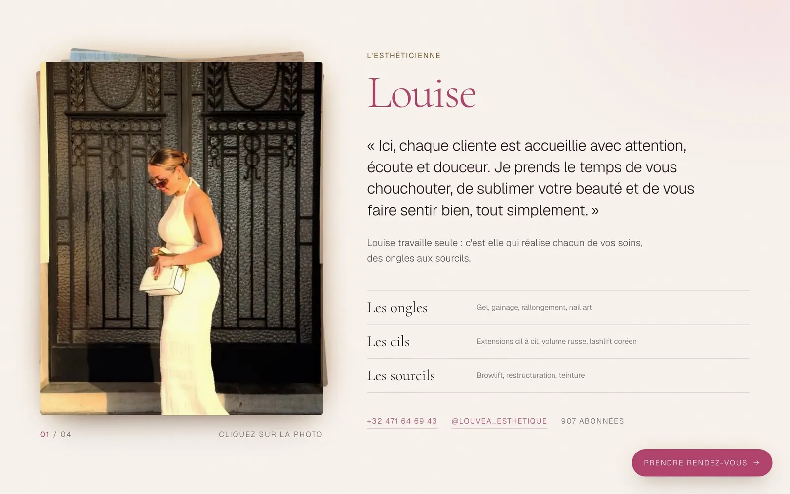 Présentation de Louise, l'esthéticienne de Louvéa, avec ses spécialités